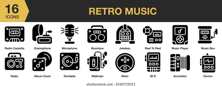 Retro Música conjunto de ícone sólido. Inclui acordeão, capa de álbum, boombox, dispositivo, gramofone, jukebox e muito mais. Coleção vetorial de ícones sólidos.