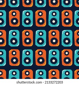 Retro music speakers seamless pattern. Hand drawn colorful illustrations in simple doodle cartoon childish style. Ideal for baby textiles, wallpaper, wrapping paper