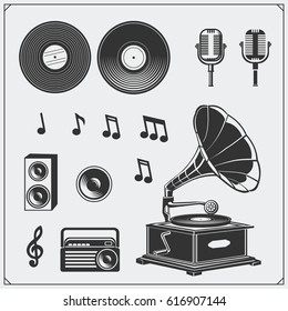 Retro music studio emblems, labels, badges and design elements. Vector set.