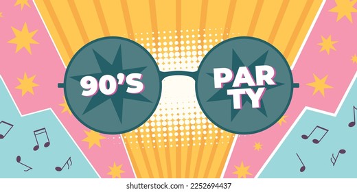 Retro music summer party background with round sunglasses, musical notes and stars. Trendy vintage style vector poster, 90s design template
