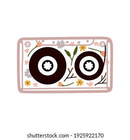 Retro music tapes with dry flowers. Audio Cassettes with retro label. Vintage object for 70s, 80s, 90s. Media storage for music and sound. Hand drawn aeshtetic flat vector illustration.