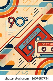 Retro music template with a cassette of 90's, tape with best hits. Vertical background for banner, Festival, Event, Club Flyer, Invitation, Poster. 