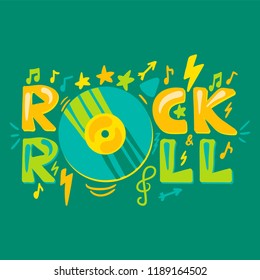 Retro music text Rock'n'roll with vinyl plate. Musical concert poster and inspirational print. Vector