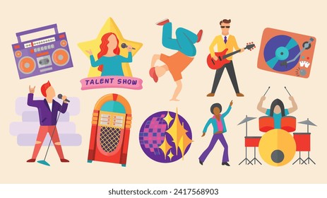 Retro Music Themed Illustrations including boombox, talent show, breakdancer, rock guitarist, record player, rock vocalist, jukebox, disco ball, disco dancer, drummer