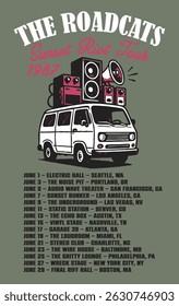 Retro music tour poster featuring a classic van with loudspeakers and bold typography. Highlights “The Roadcats Sunset Riot Tour 1987” with a full tour date list. Perfect for vintage rock band art, co