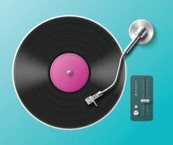 Retro Music Turntable For Vinyl Records. Vintage Gramophone Sound Player With Black Audio Disc With Purple Label. Vector Realistic 3d Illustration On Blue Background.