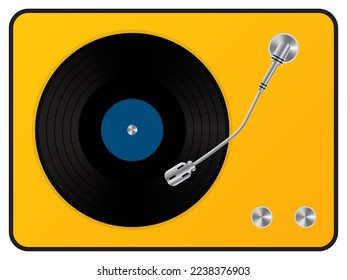 Música retro girable para discos de vinilo. Reproductor de sonido gramófono vintage con disco de audio negro con etiqueta turquesa. Ilustración 3d del vector realista sobre fondo amarillo