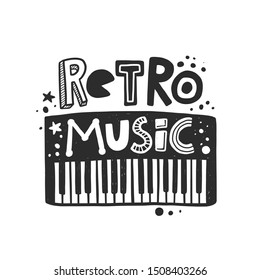 Retro music vector banner template. Synthesizer electronic piano silhouette with stylized lettering. Cultural entertainment. Musical instrument with ink drops. Poster design element.