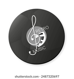 Retro music. Music vector emblem. Treble clef, notes, music record on a white background. Design for advertising, musical gift, holiday decoration, concert program. Vector illustration