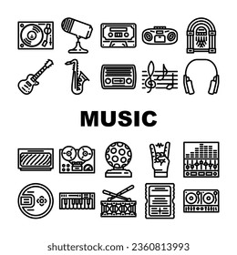 retro music vintage party icons set vector. style poster, 90s 80s, abstract funky, modern trendy sticker, pop disco, groovy retro music vintage party black contour illustrations