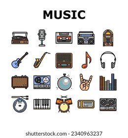 retro music vintage style icons set vector. cassette trendy, sticker 90s, pop tape, modern 80s, disco party, audio shape retro music vintage style color line illustrations