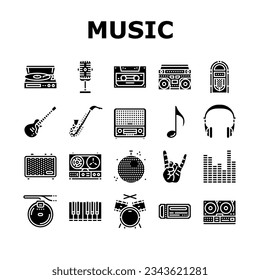 retro music vintage style icons set vector. cassette trendy, sticker 90s, pop tape, modern 80s, disco party, audio shape retro music vintage style glyph pictogram Illustrations