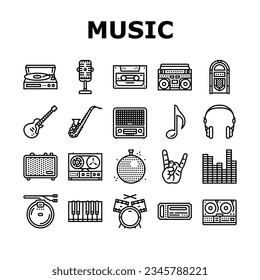 retro music vintage style icons set vector. cassette trendy, sticker 90s, pop tape, modern 80s, disco party, audio shape retro music vintage style black contour illustrations