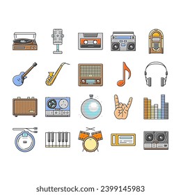 retro music vintage style icons set vector. cassette trendy, sticker 90s, pop tape, modern 80s, disco party, audio shape retro music vintage style color line illustrations
