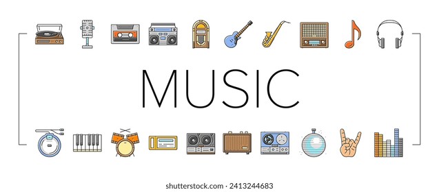 retro music vintage style icons set vector. cassette trendy, sticker 90s, pop tape, modern 80s, disco party, audio shape retro music vintage style color line illustrations