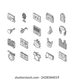 retro music vintage style isometric icons set. cassette trendy, sticker 90s, pop tape, modern 80s, disco party, audio shape retro music vintage style color line