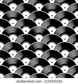 Retro music vintage vinyl record icon printable seamless pattern. Vector illustration. Ideal for wallpaper, wrapper, packaging, fabric, textile, paper design and any decoration.