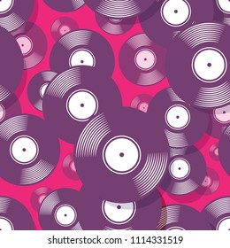 Retro music vintage vinyl record icon printable seamless pattern. Vector illustration. Ideal for wallpaper, wrapper, packaging, fabric, textile, paper design and any decoration.