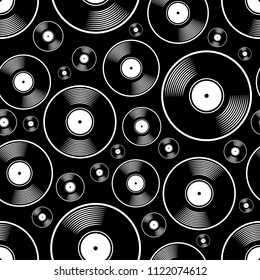 Retro music vintage vinyl record icon printable seamless pattern. Vector illustration. Ideal for wallpaper, wrapper, packaging, fabric, textile, paper design and any decoration.