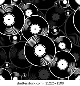 Retro music vintage vinyl record icon printable seamless pattern. Vector illustration. Ideal for wallpaper, wrapper, packaging, fabric, textile, paper design and any decoration.