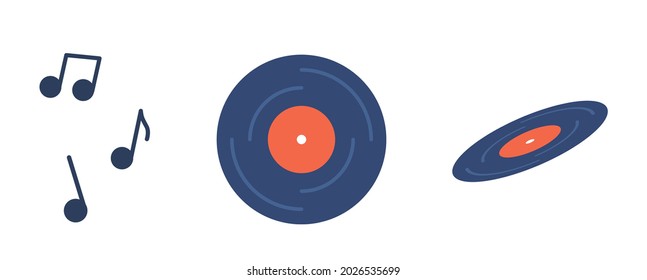 Retro Music Vinyl Record Top and Side View, Musical Notes. Blue Audio Disc with Red Label for Vintage Gramophone Sound Player, Round Plate Isolated on White Background. Cartoon Vector Illustration