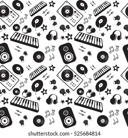 Retro music vinyl seamless pattern vector black and white