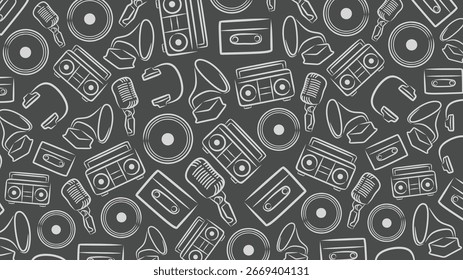 Patrón de iconos blancos de música retro que incluye cinta de casete, radio de grabación de vinilo y micrófono en estilo de boceto de línea simple sobre fondo oscuro