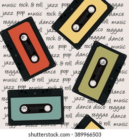 Retro musical background with audio cassettes
