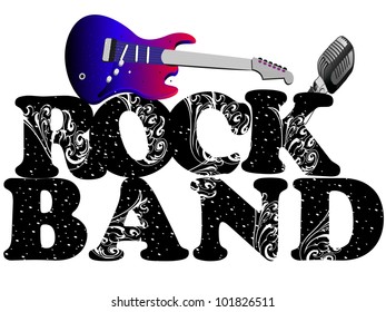 Retro musical background with guitar and microphone and floral decorative text rock band isolated on white background. EPS 10. vector illustration.
