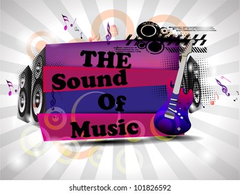 Retro musical background with guitar and  text on floral rays  background. EPS 10. vector illustration.