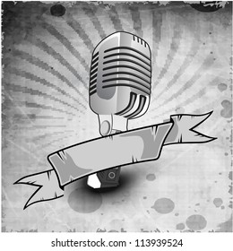 Retro musical background with microphone and ribbon. EPS 10.