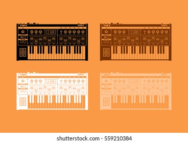 Retro musical electronic keyboards (vintage analogue synthesizers) on orange background. Monochrome vector illustration.