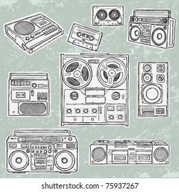 Retro musical equipment. A collection of stylish vector images of old tape recorders.