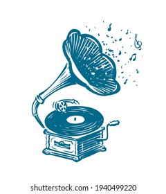 Retro musical gramophone. Drawn vintage phonograph. Musical concept