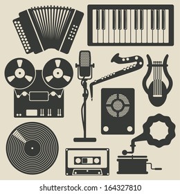 retro musical instruments icons set. vector illustration