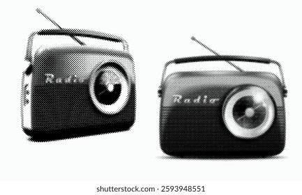 Retro musical receiver, vintage radio station with antenna. Trendy halftone music collage element. Grunge punk dotted sticker for collage, vector illustration for poster, print, banner