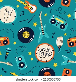 Retro musical rock instruments seamless pattern. Hand drawn colorful illustrations of guitars, drums, tape recorders in simple doodle cartoon childish style. for baby textiles, wallpaper, wrapping