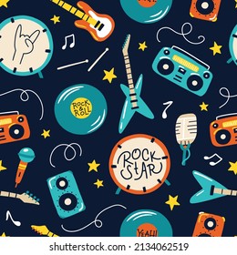 Retro musical rock instruments seamless pattern. Hand drawn colorful illustrations of guitars, drums, tape recorders in simple doodle cartoon childish style. for baby textiles, wallpaper, wrapping