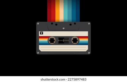 Musiccasette retro con colores retro estilo ochenta, cinta cassette, ilustración de imagen de arte vectorial, diseño de cassette retro de cinta de mezcla, tema musical vintage y de audio, plantilla de ondas de sintetización y vaporwave
