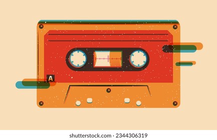 Retro musiccasette with retro colors eighties style, cassette tape, vector art deep space, mix tape retro cassette design, Music vintage and audio theme, Risograph Synthwave and vaporwave template.