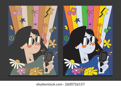 retro music-themed illustration of a singer with a vintage vibe, vector illustration