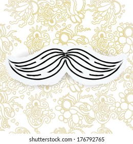 Retro mustache drawn by hand on a piece of paper and seamless pattern
