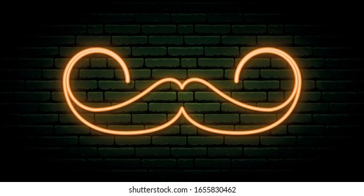 Retro mustache neon sign. Happy St. Patrick’s Day design. Shiny ginger mustache on dark brick wall background. Stock vector illustration.