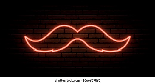 Retro mustache neon sign. Shiny ginger mustache on dark brick wall background. Concept design for St. Patrick’s day. Vector illustration.