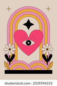 Retro Mystical Love Illustration with Heart, Eye, and Rainbow Elements