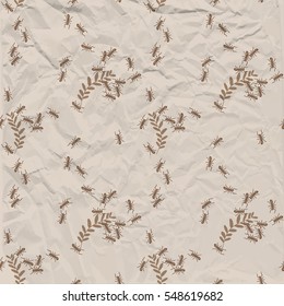 Retro natural seamless pattern with ants and flowers on crumpled paper vector illustration