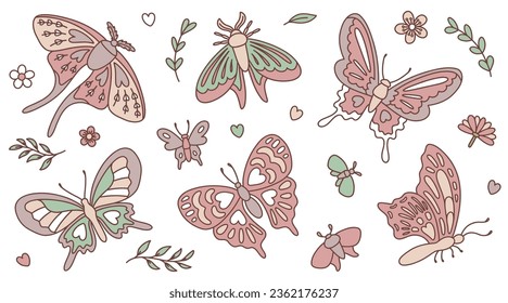 Retro natural set with butterflies, leaves, flowers, hearts in 60s 70s style. Hippie style vector illustration.