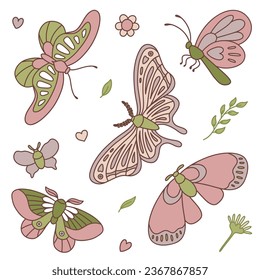 Retro natural set with butterflies, leaves, flowers, hearts in 60s 70s style. Hippie style vector illustration.