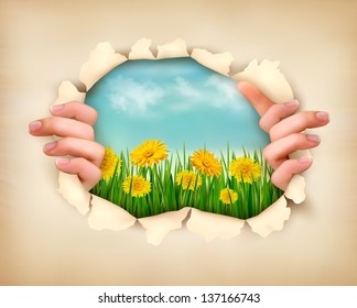 Retro nature background with grass and flowers and ripped paper. Vector illustration.