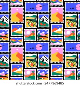 Retro nature landscape post card stamp seamless pattern. Vintage style natural environment scenery postage sticker background, travel destination mail, beautiful tourism scenery wallpaper print. 